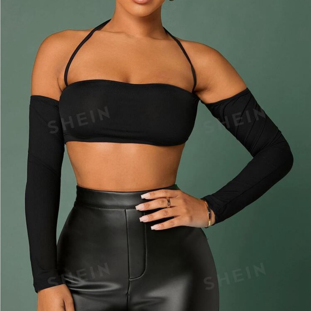 Shein Backless Halter Bandaeu Top with Long Sleeves